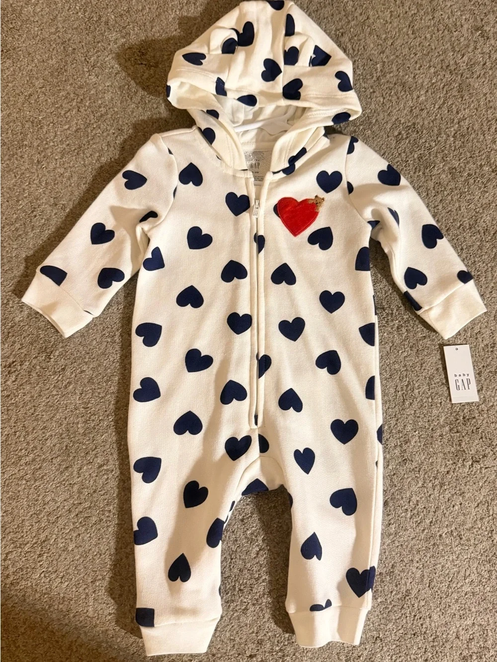 GAP White One-Piece Romper with Navy Heart Print and Red Heart Patch